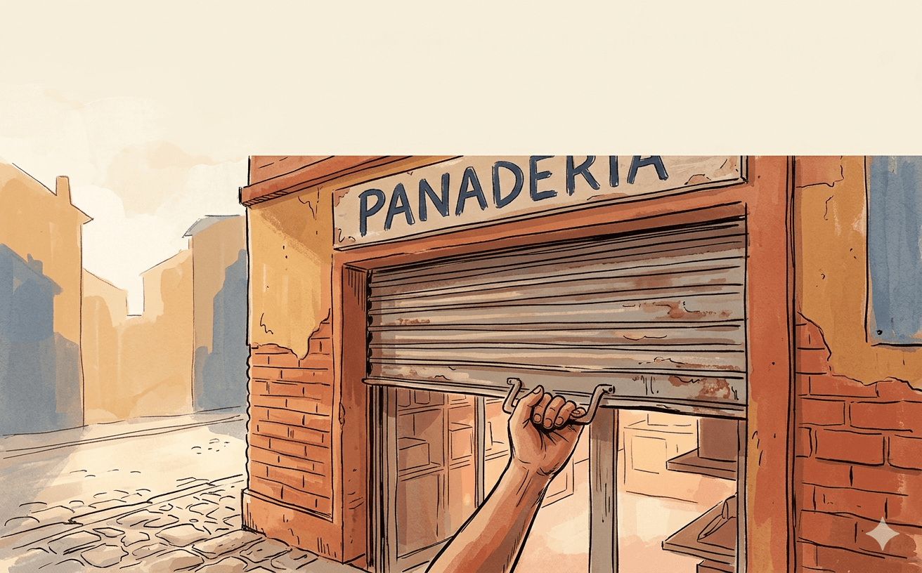 Un local de barrio al amanecer, persiana a medio subir, mano en el manillar, calle vacía con luz matutina
