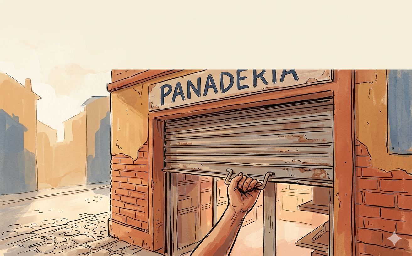 Un local de barrio al amanecer, persiana a medio subir, mano en el manillar, calle vacía con luz matutina