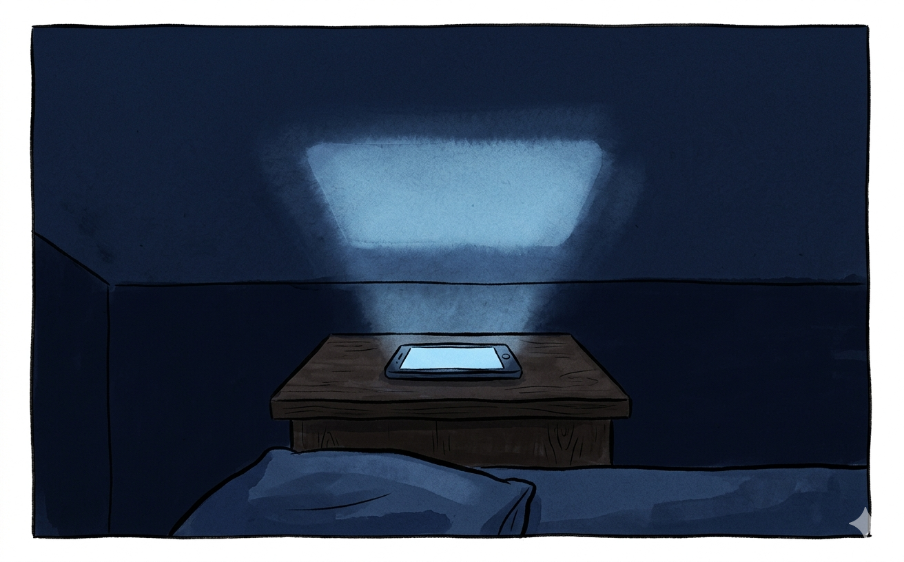 Techo de dormitorio a oscuras con la luz azul de un teléfono en la mesilla iluminando el techo